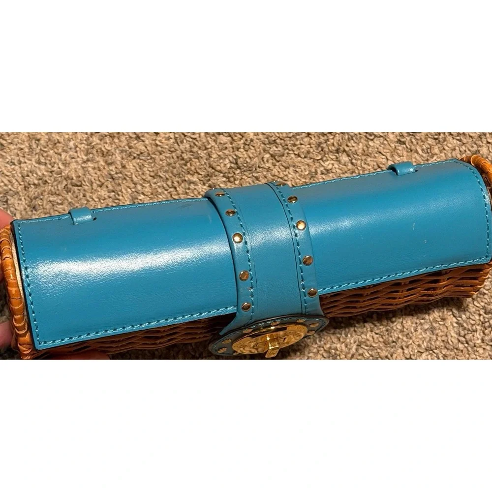 Michael Kors Wicker Straw Clutch Bag Turquoise Blue Leather Gold Turn Lock